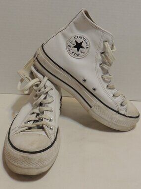 Converse Chuck Taylor Shoes Woman 7.5 White Black Leather Upper Platform Shoes